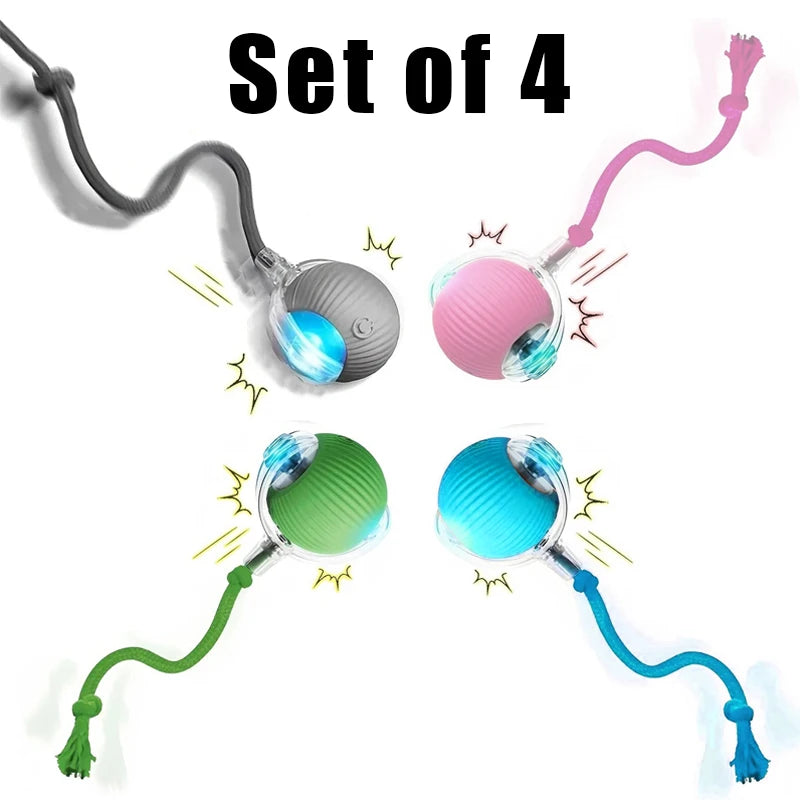 Set of 4 rechargeable interactive pet balls with ropes for engaging, automatic rolling play for cats and dogs.