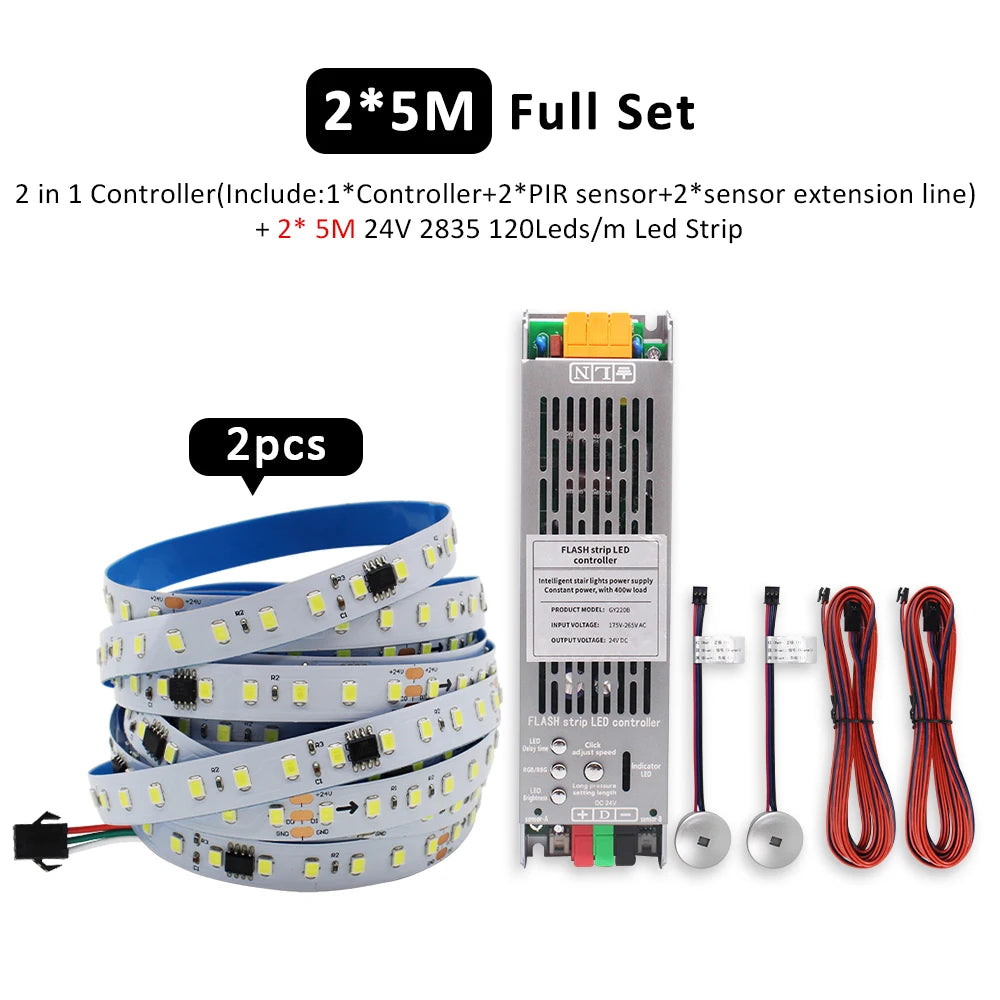 LED strip light set with controller, PIR sensor, white 2x5m tape and wiring