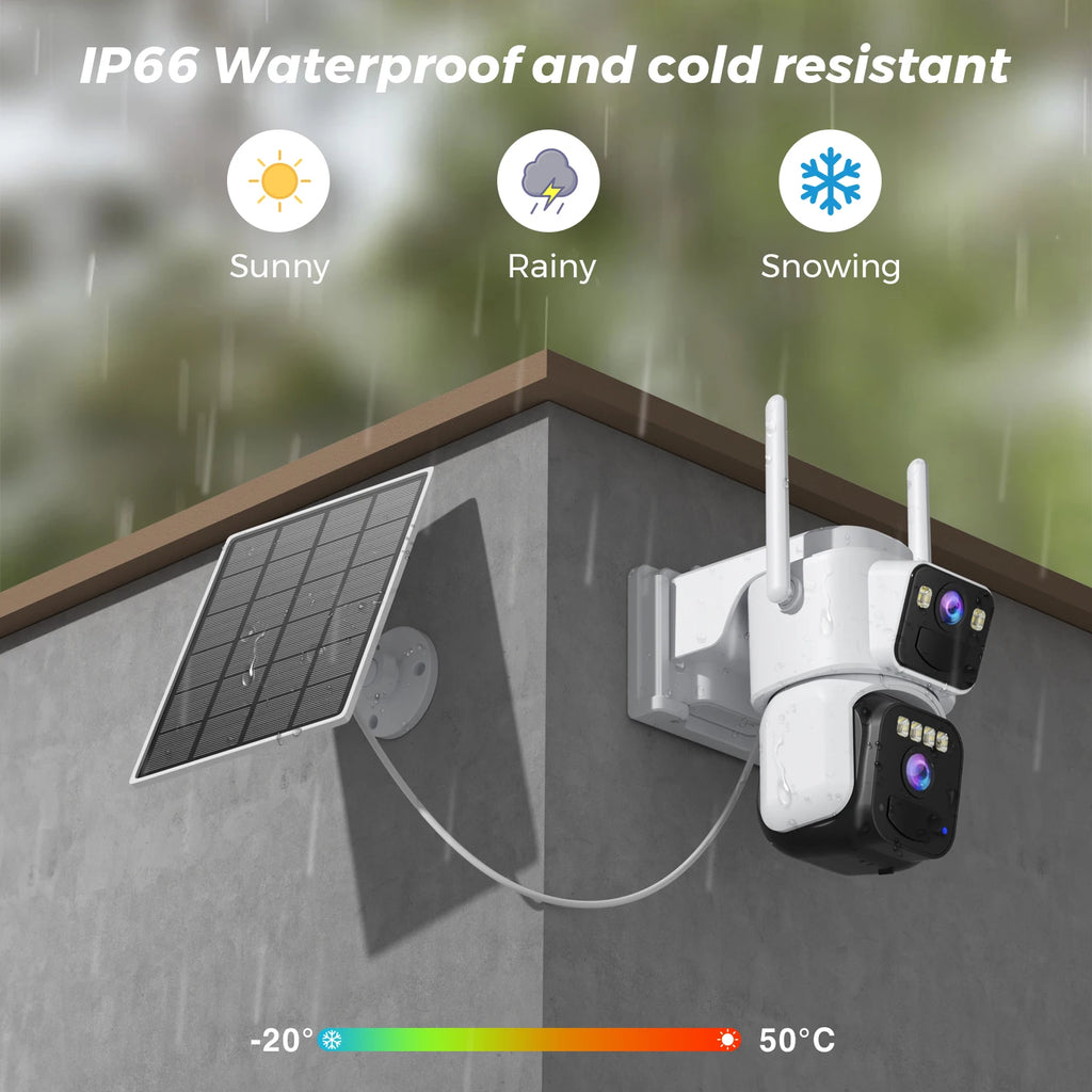 10MP PZT Solar IP Camera WiFi Outdoor 5K HD Dual Lens Home Security Camera Built in Battery Solar Panel and AI Person Detection