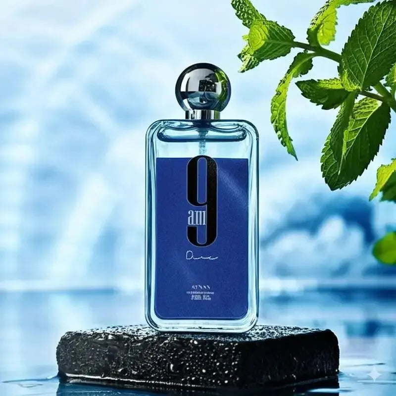 Afnan 9am Dive men’s EDP: Rectangular blue bottle, crisp ocean scent with mint notes. Long-lasting daily cologne.