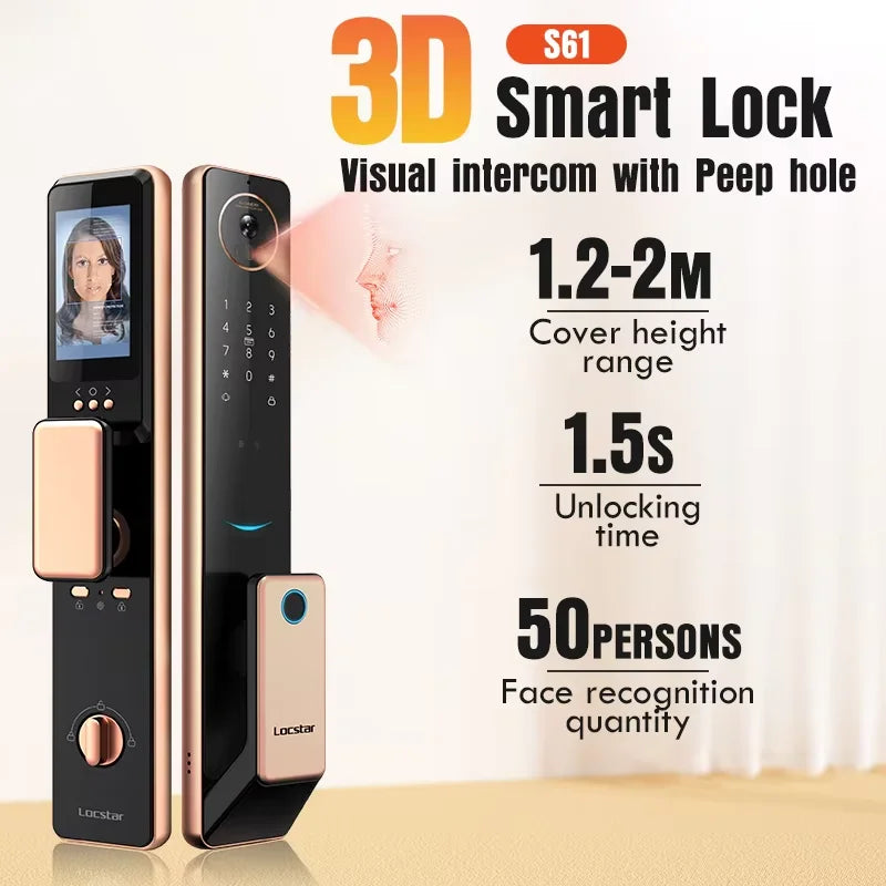 2026 Tuya Wifi Golden Video 3D Face Recognition Fingerprint Digital Smart Door Lock From Alibaba Certification Factory