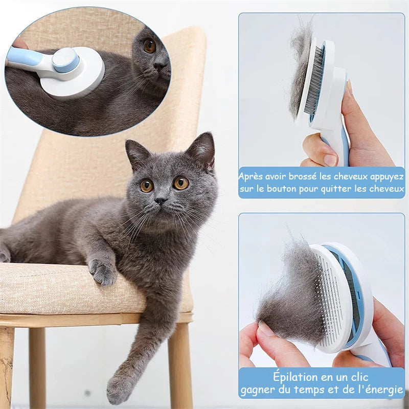 Self-cleaning slicker brush for cats and dogs with blue handle removes tangled hair easily for pet grooming.