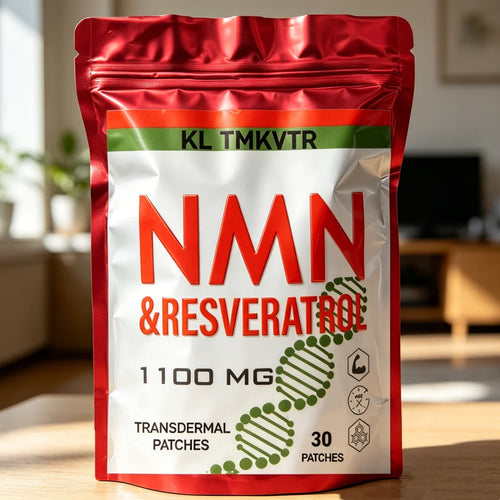 Anti-aging NMN & Resveratrol 1100mg transdermal patches in a red and white stand-up foil pouch.