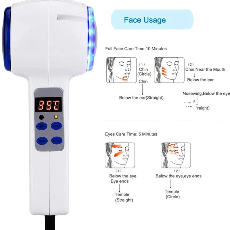 White handheld face massager with a digital display, blue light therapy head, and instructional facial massage diagrams.