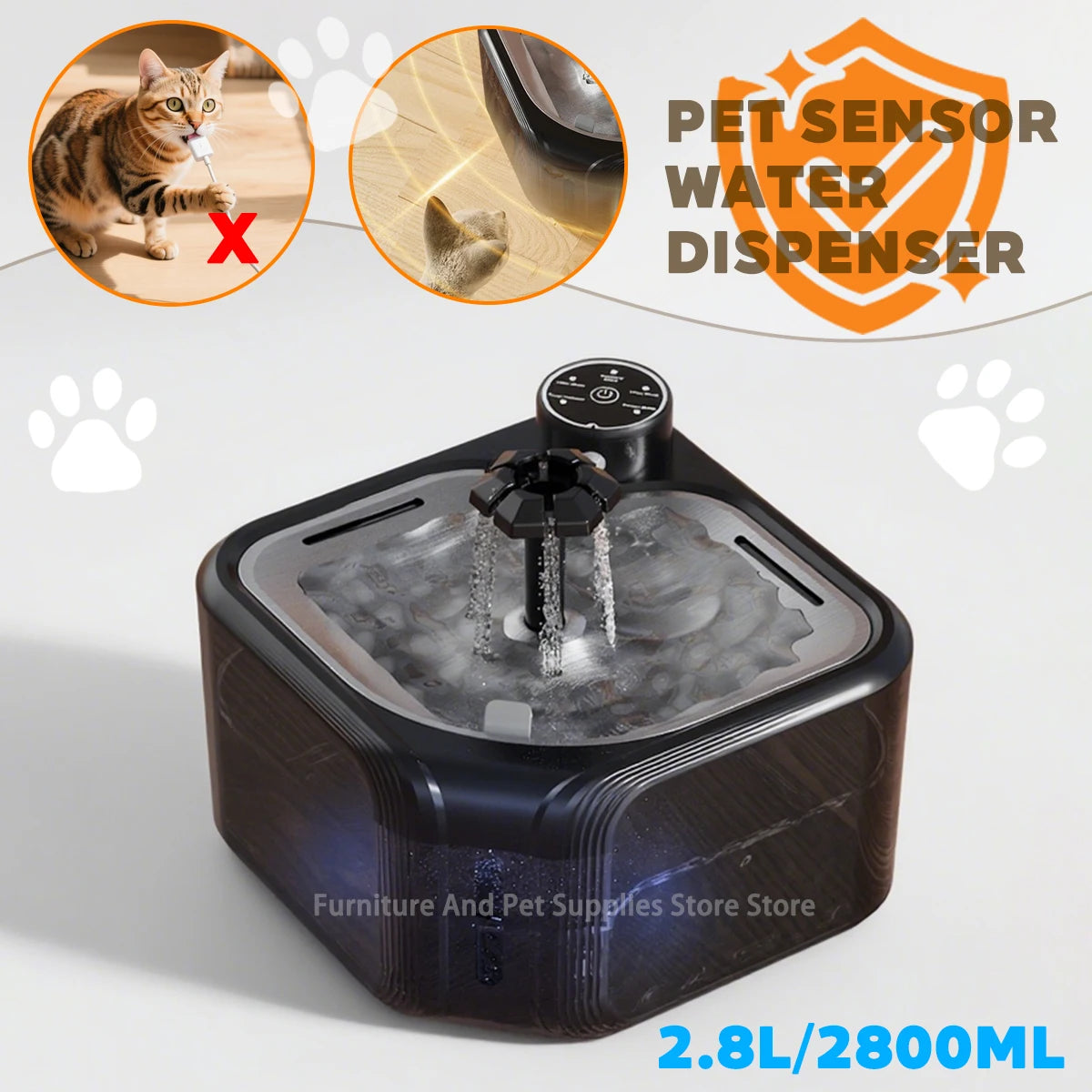 Wireless 2.8L automatic cat water fountain with infrared sensor and 3600mAh battery for clean pet hydration.