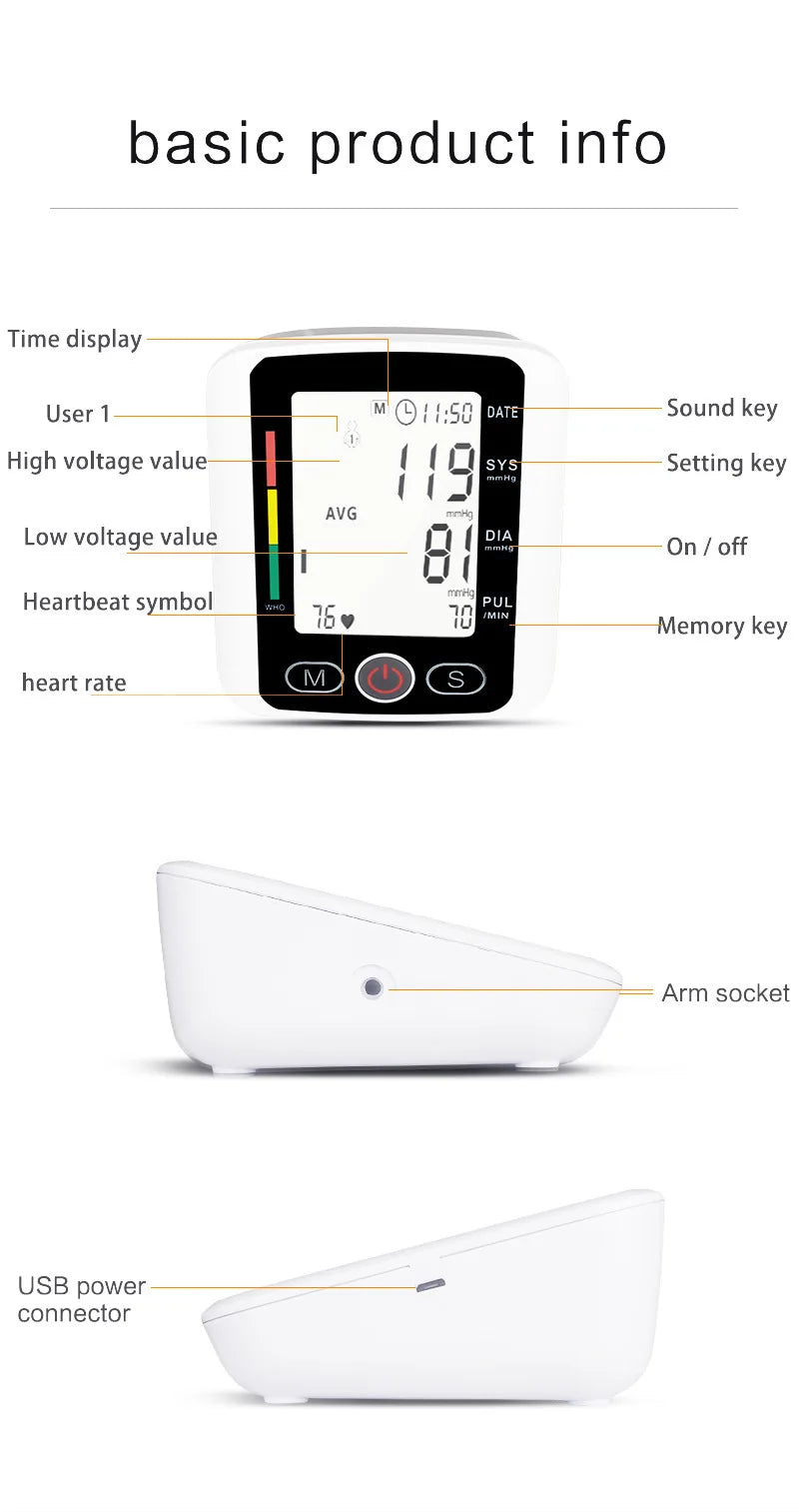 Tensiometer Heart Rate Pulse Meter BP Monitor Healthy Digital Arm Blood Pressure Meter Cuff Medical Automatic Pressure Tonometer