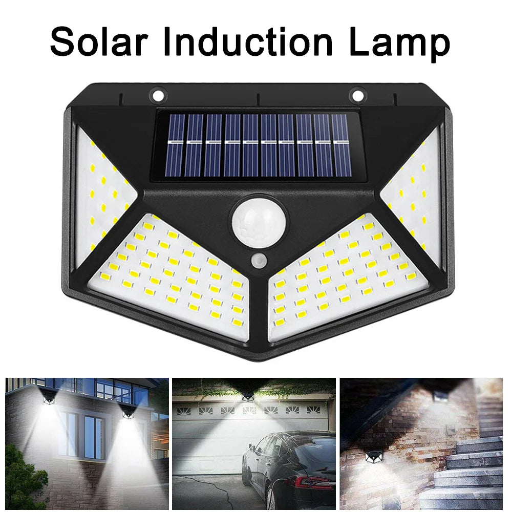 Solar Wall Lamp Outdoor Solar 100 LED Light 4 Sided Luminous Motion Sensor Waterproof Sunlight Garden Courtyard Decor Lighting