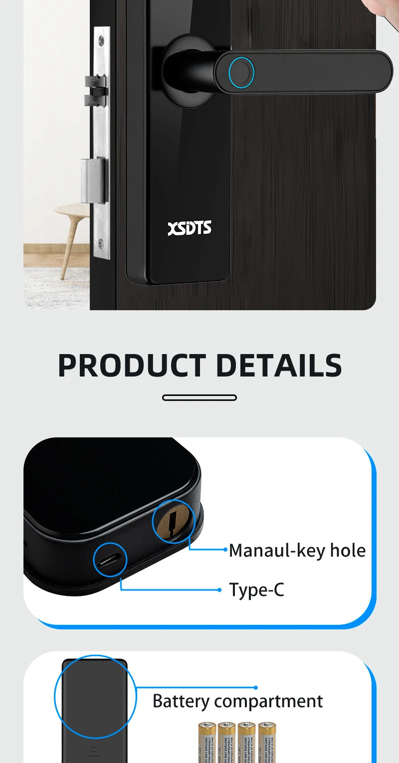 Smart Door Lock With Electronic Biometric Fingerprint Smart Card Password Key Unlock USB Tuya APP Emergency Charge lock