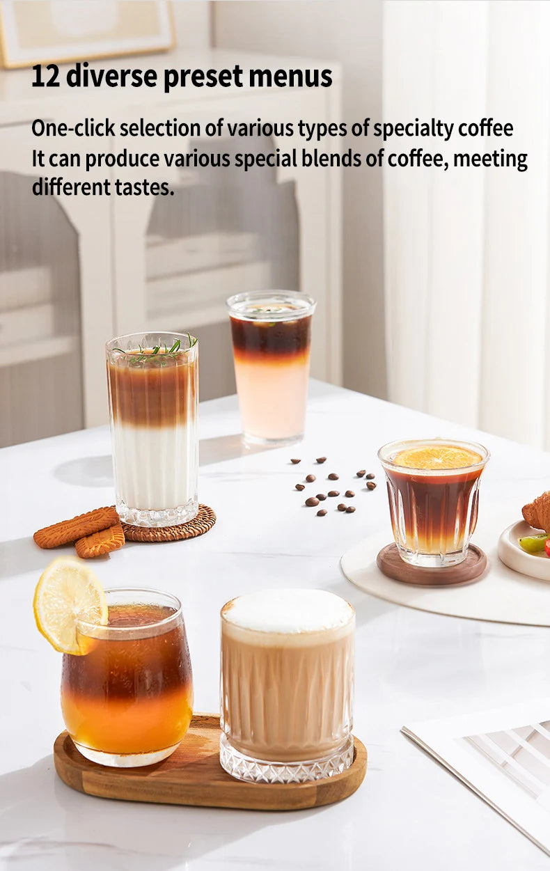 Five different specialty coffee drinks in clear glass cups on a white table with a 12 preset menu coffee maker.