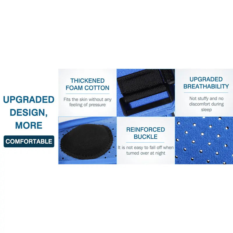 Blue plantar fasciitis night splint featuring breathable foam, adjustable buckle, and comfortable padding for heel pain.