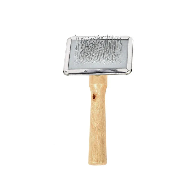 Slicker brush with wooden handle for removing pet hair, shedding, and lint from clothes and furniture.