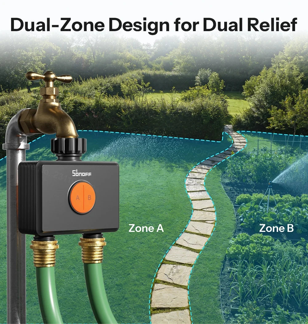 SONOFF Garden Watering Timers 2 Outlet Sprinkler Hydro DUO Dual-Channel Zigbee Smart Water Valve With Flow Meter SWV-ZF2E