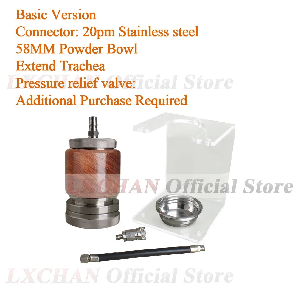 LXCHAN stainless steel espresso coffee maker kit with wood handle, 58mm powder bowl, and clear acrylic stand.