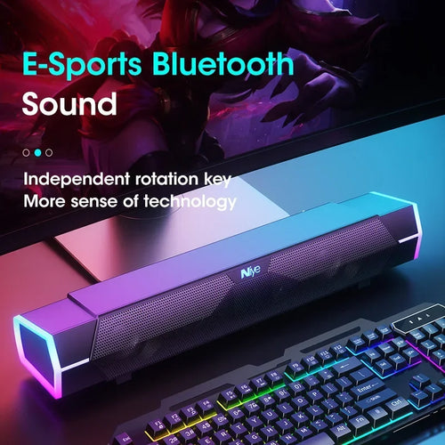 RGB light sound bar speaker with long black grille and glowing end light