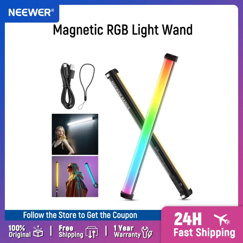 Magnetic RGB LED light wand with a black casing, charging cable, and wrist strap for handheld or mounted photography.