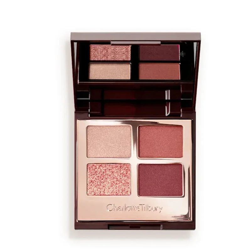 Tidesmit 9 color rose pink eyeshadow palette detail view featuring pearly matte and glitter makeup finishes