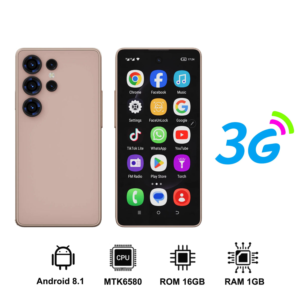 Gold mini smartphone, front and back views, 3G and Android 8.1 icons displayed.