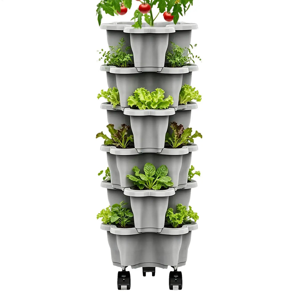 6-tier plastic stackable planter tower with casters and multiple herb plants in pots