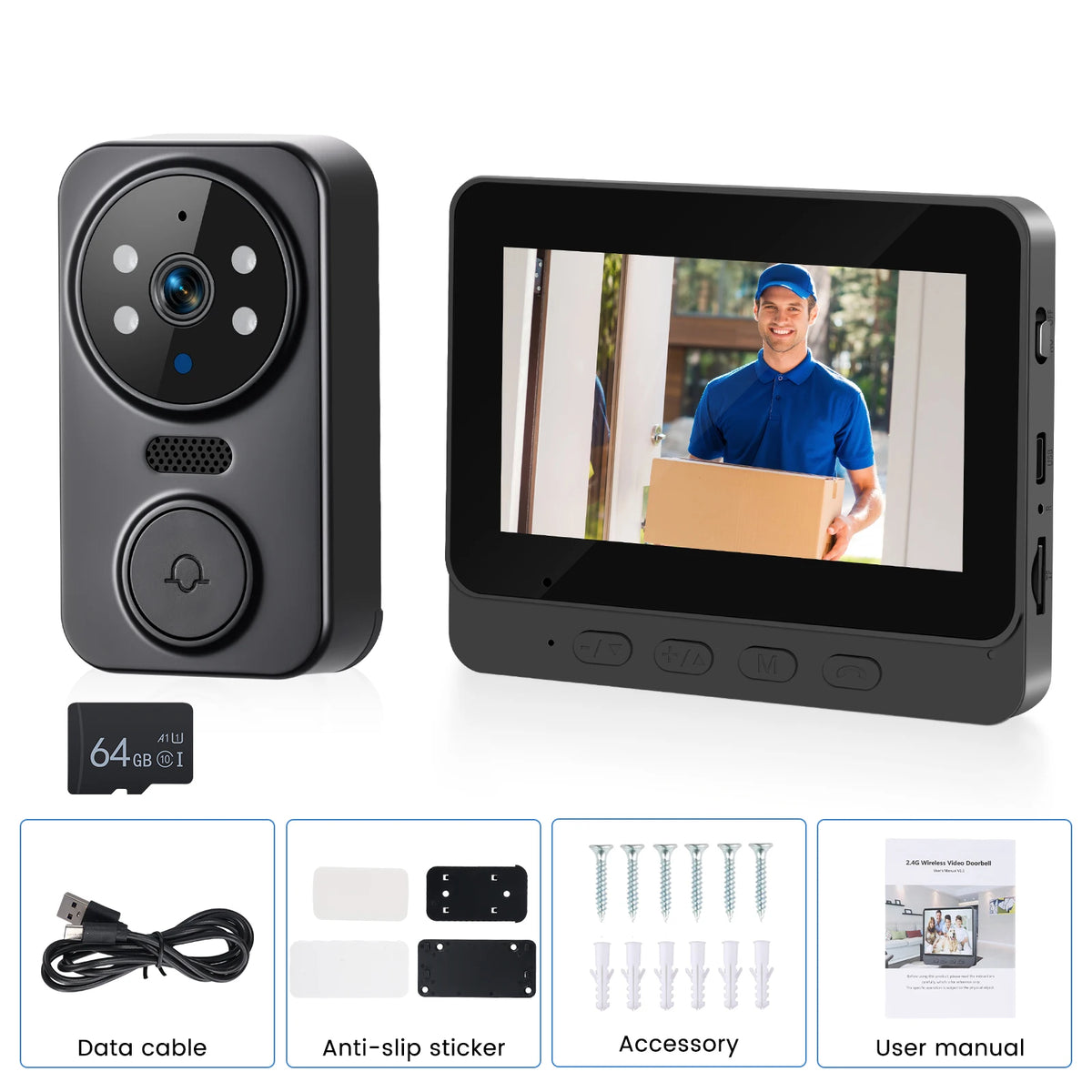 Podofo wireless doorbell camera with 4.3 in monitor showing visitor, two-way audio.