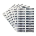 Matte silver PET barcode asset labels sheet, multiple rectangular labels in angled stack