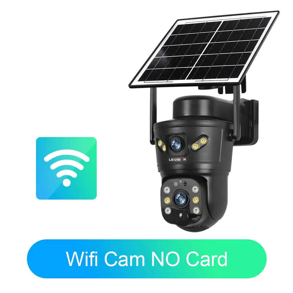 Outdoor solar security camera with solar panel and WiFi icon, no card option