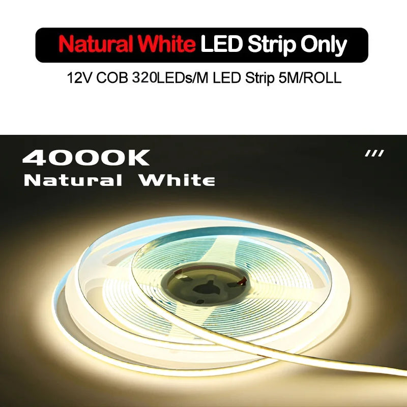 Natural white COB LED strip roll, 12V, 320 LEDs per meter, 5m length
