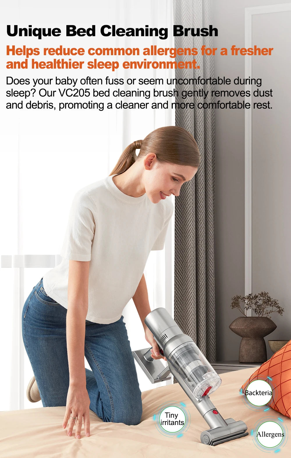 Tidesmit VC205 cordless vacuum showing touch screen and smart dust sensor features for home cleaning