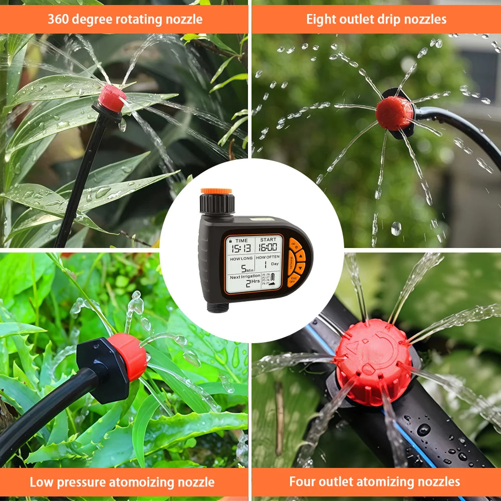 Sprinkler nozzle set with red spray heads and timer controller for watering plants