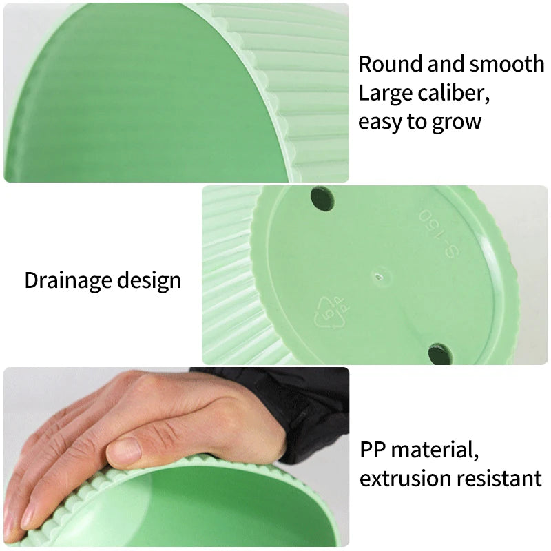 Green ribbed plastic plant pot with tray features shown: drainage and durable PP material