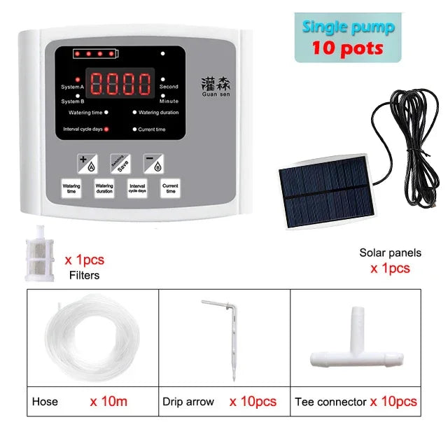 Solar drip irrigation controller kit with single-pump timer, solar panel, hose and connectors