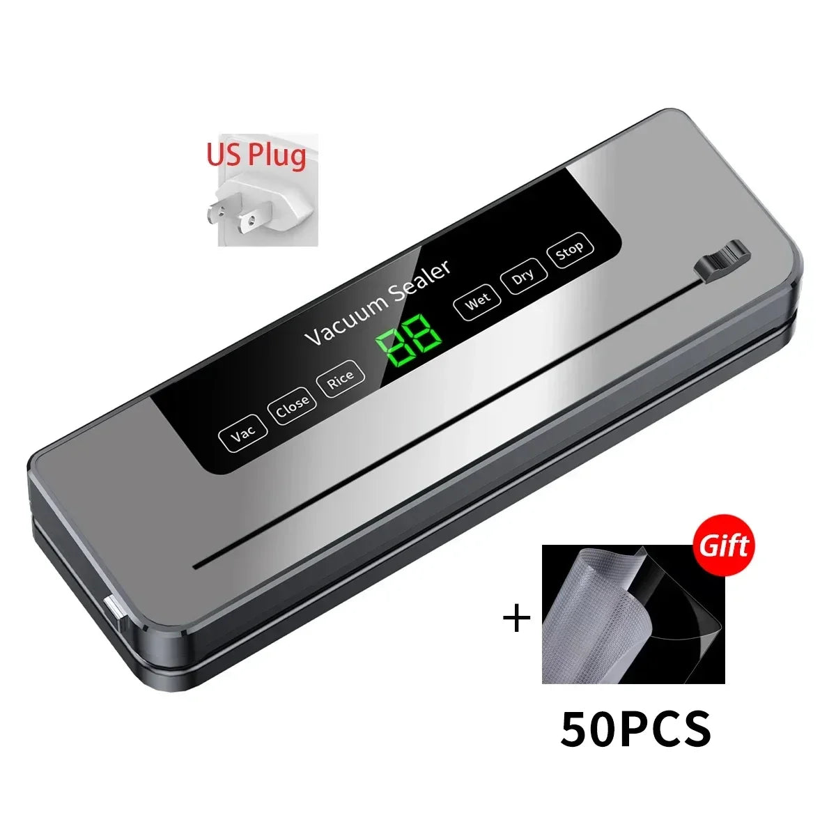 Vacuum sealer machine with US plug, touch buttons, plus 50 vacuum bags