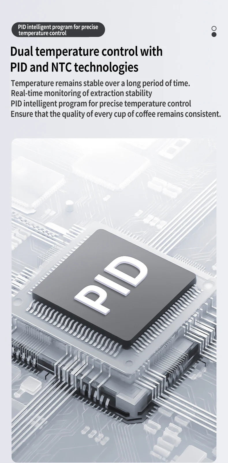 Coffee machine circuit board showing PID and NTC technology for precise temperature control and stable extraction.