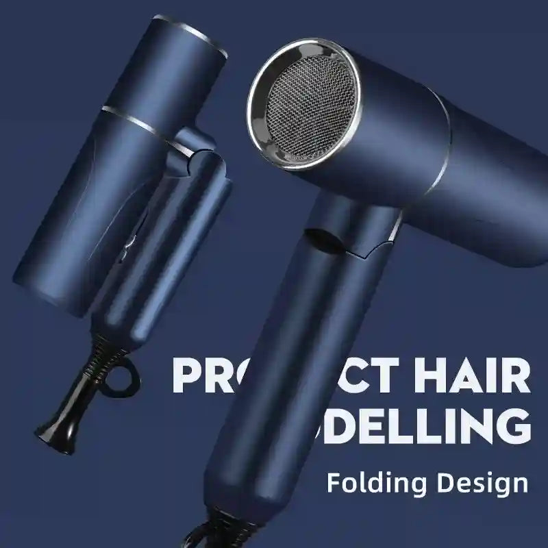 Foldable blue negative ion hair dryer with nozzle attachment for fast, portable, salon-quality hair drying and care.