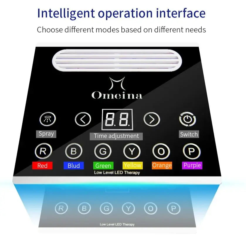 Omeina 7-color PDT LED light therapy facial machine control panel with time adjustment and mode selection buttons.