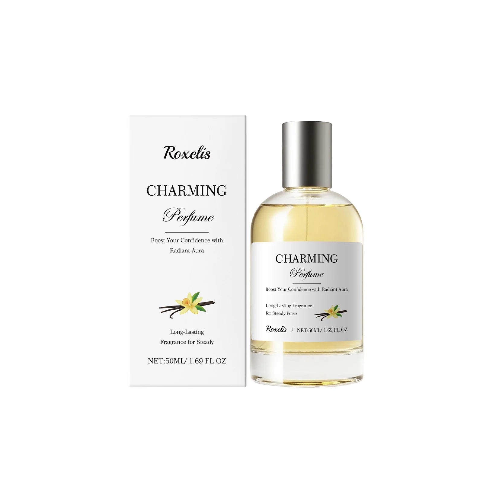 Roxelis Charming 50ml Amber Vanilla perfume for women, long-lasting spray in elegant round glass bottle, fresh scent.