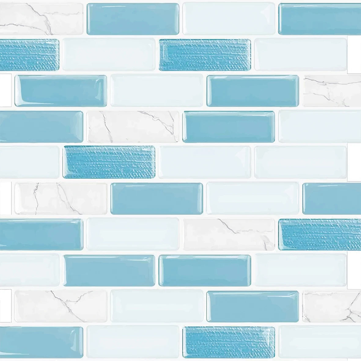 Blue and white marble mosaic tile stickers, peel-and-stick rectangle strips