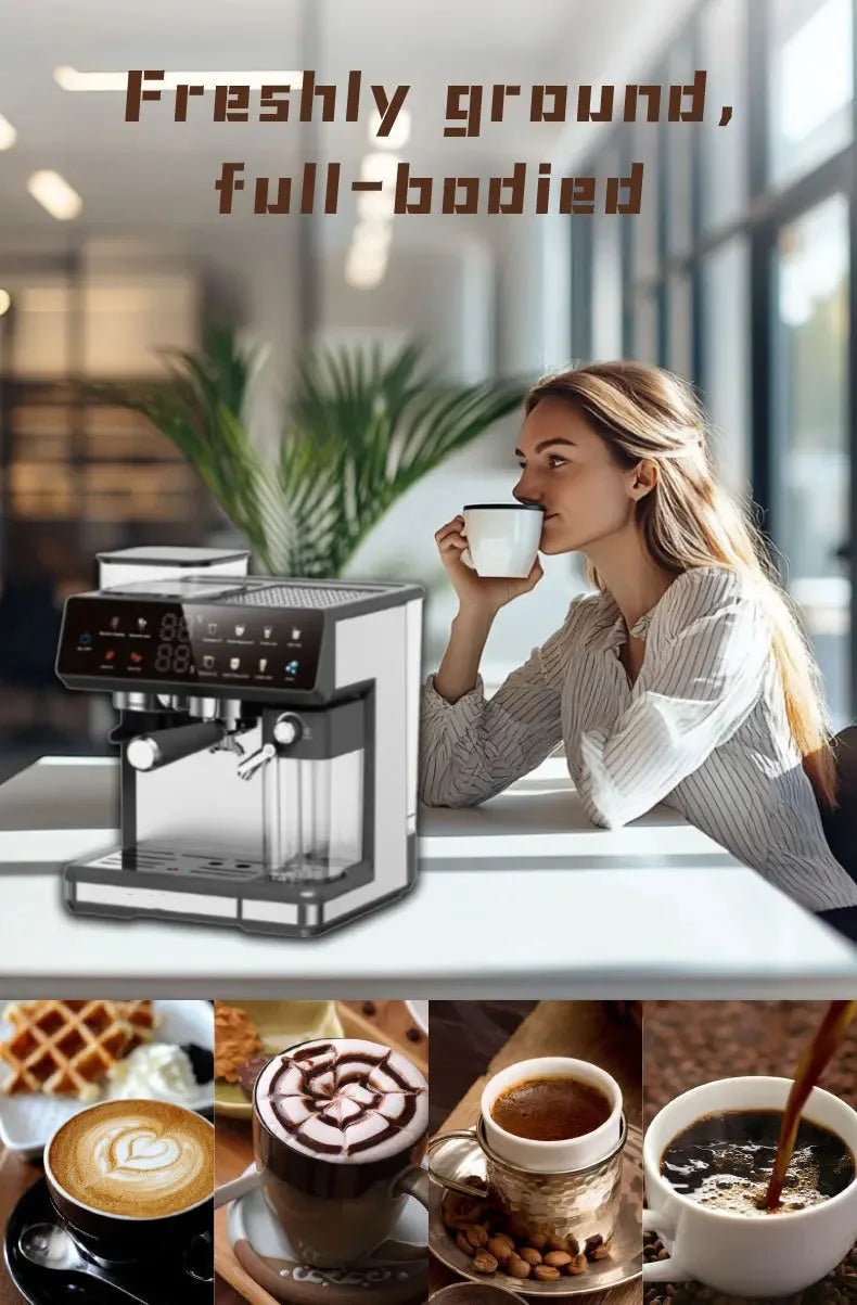 Silver and black automatic espresso machine with touch display and integrated milk frother on a cafe table.