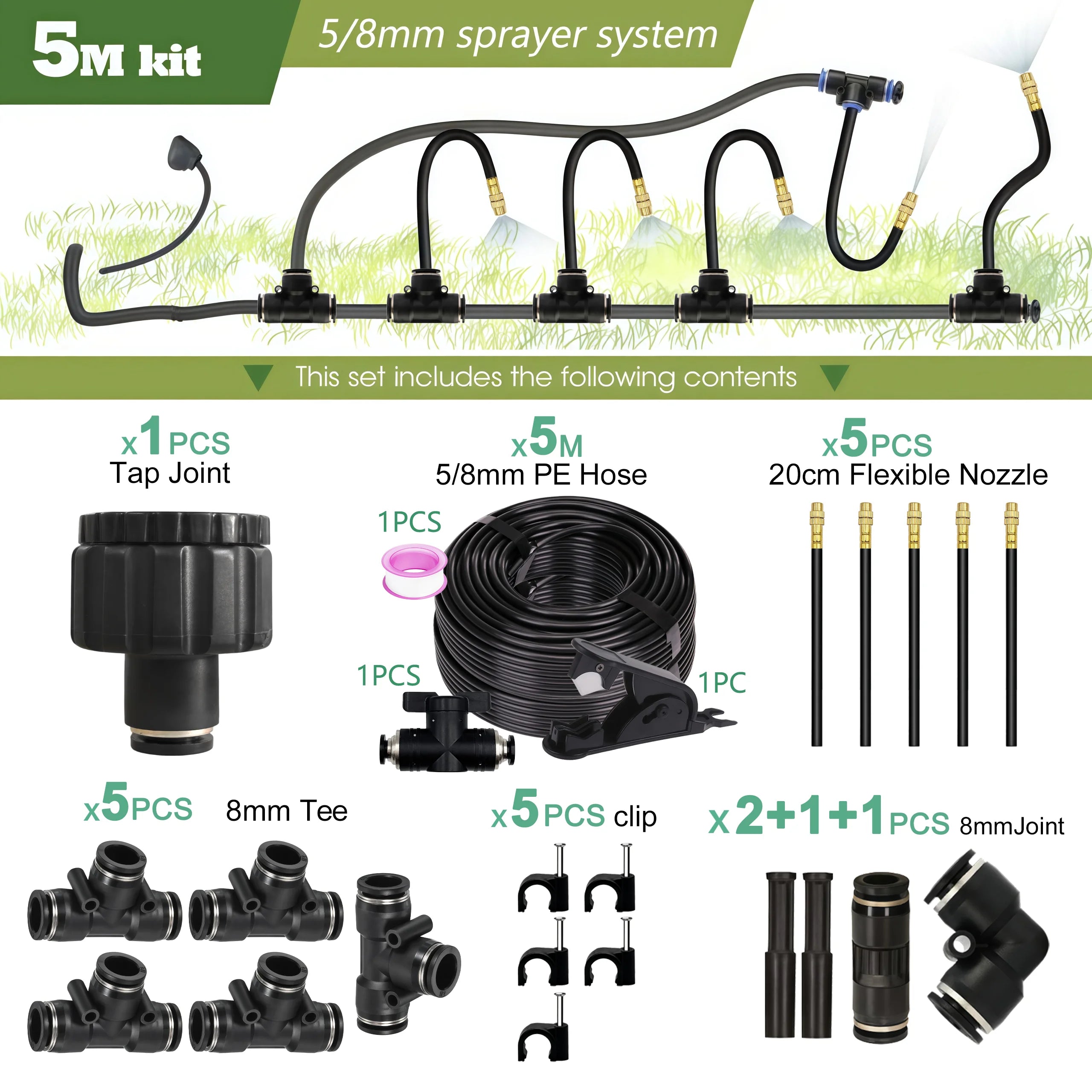 Garden 5-30M 8mm PE Hose 20cm 360° Bending Brass Nozzle Spray Kit Atomized Automatic Irrigation Equipment Plants Mist Wateriing