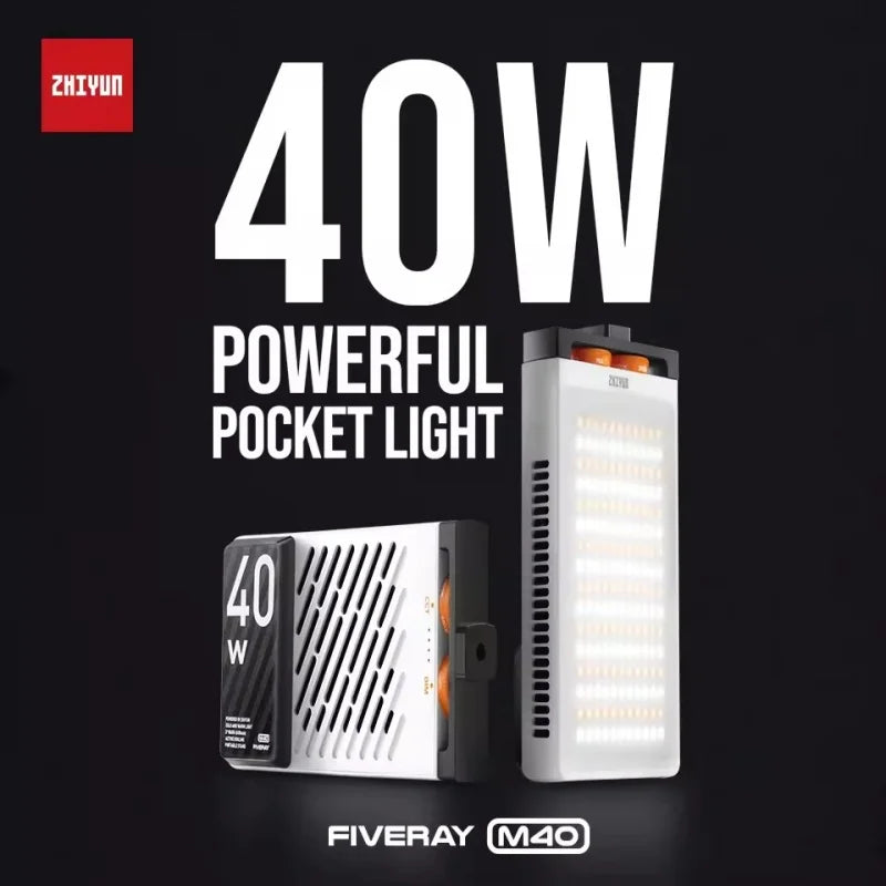 Fiveray M40 portable 40W rectangular LED video light with white housing and two orange side-mounted control dials.