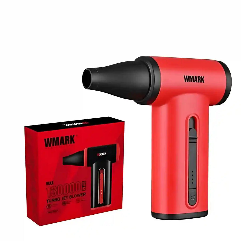 WMARK 130000 RPM cordless turbo jet blower and hair dryer in red with nozzle attachment and packaging box.