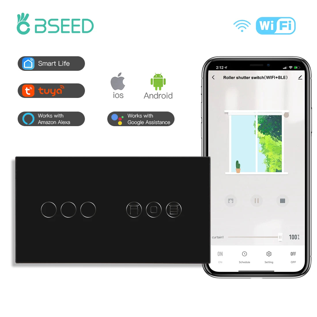 Tidesmit Smart WiFi Shutter Switch - App Controlled Roller Blind Timer Wifi 3Gang Black Tidesmit