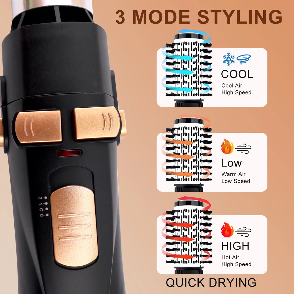 Hatteker 4-in-1 hot air brush with gold buttons, 3 heat modes, and round styling brush attachment for quick drying.