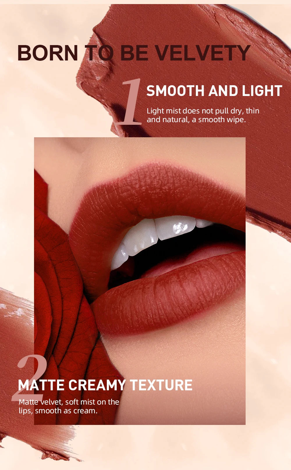 QIBEST matte nude lipstick and lip liner set, featuring a creamy, velvety, long-lasting red lip makeup texture.