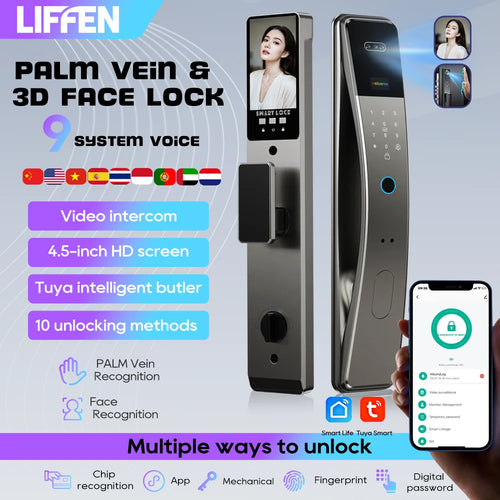 3D face recognition and fingerprint smart door lock with camera and keypad