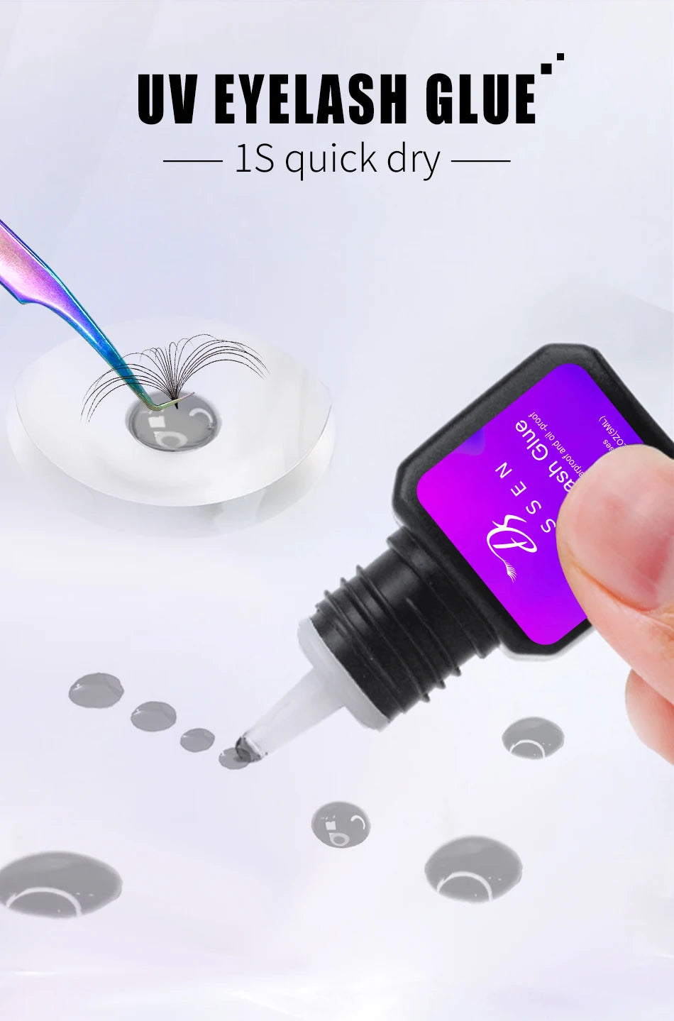 Dassen 5ml UV eyelash extension glue bottle with purple label, precise applicator, and adhesive drops on white surface.