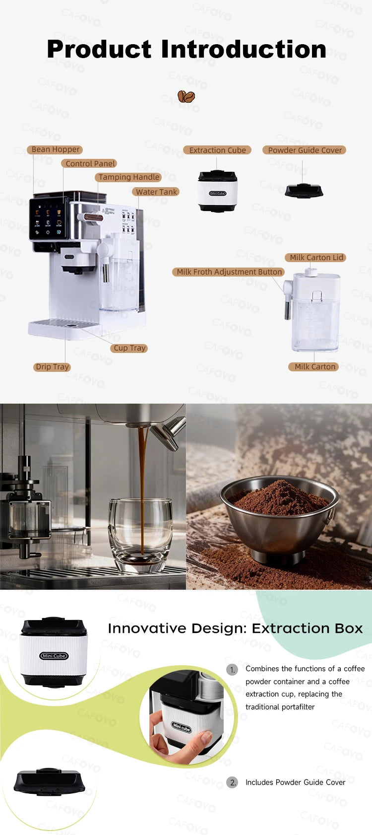 CAFOVO white automatic espresso coffee machine with digital touch panel, milk frother, and innovative extraction cube.