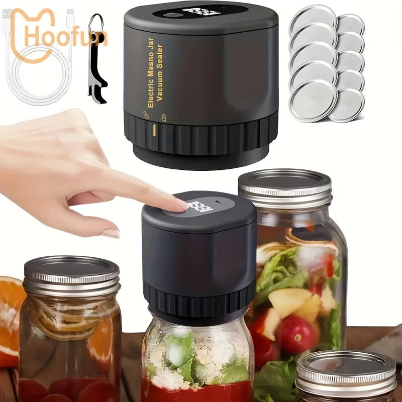 Black electric vacuum sealer press with LED display, used to seal mason jar lids