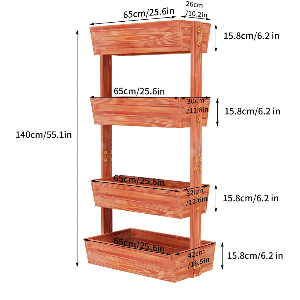 Reddish brown 4-tier vertical raised wooden planter box with size dimensions shown