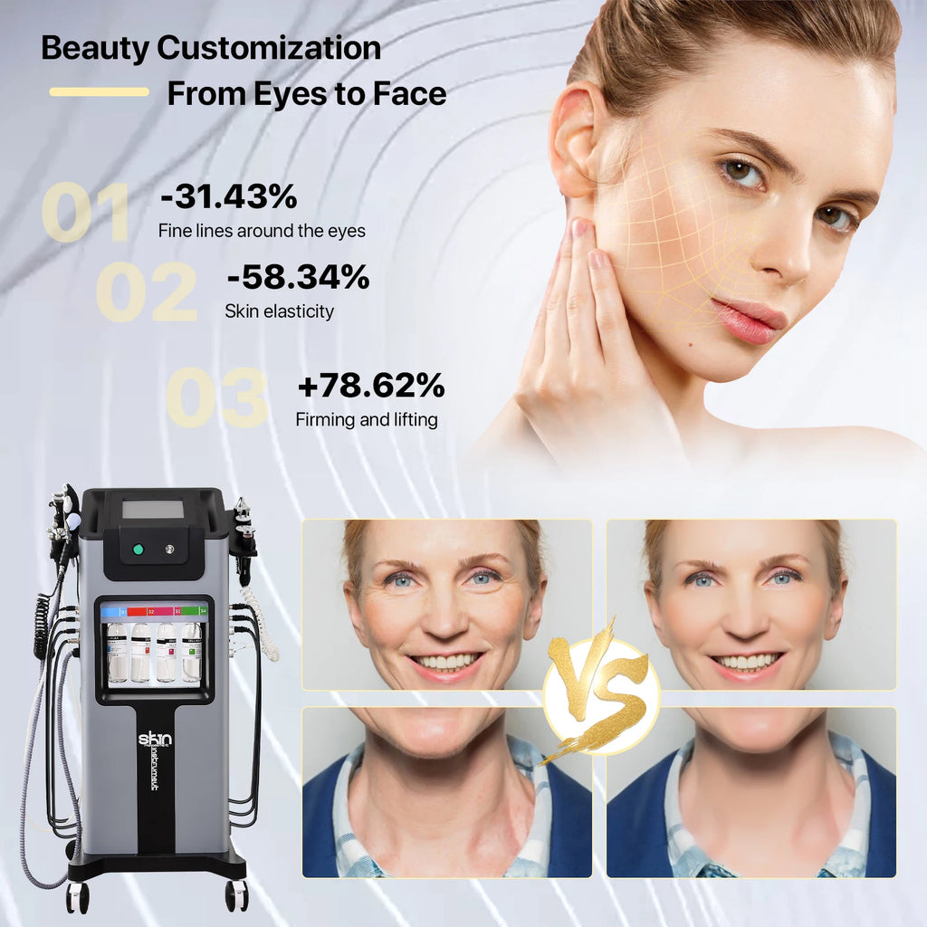 Gray, rolling professional facial treatment machine with multiple applicator hoses and an internal serum bottle display.