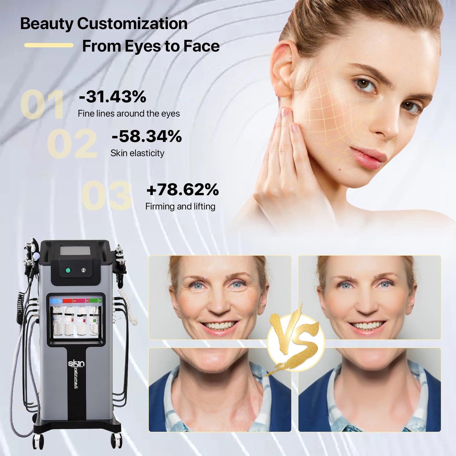 Gray, rolling professional facial treatment machine with multiple applicator hoses and an internal serum bottle display.
